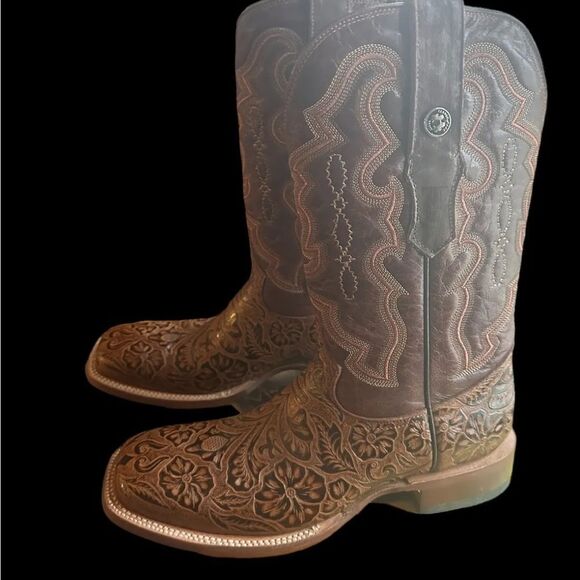 Leather Tanner Mark Hand Tooled Western Boot Broad Square Toe Men 8/Women - Picture 5 of 16